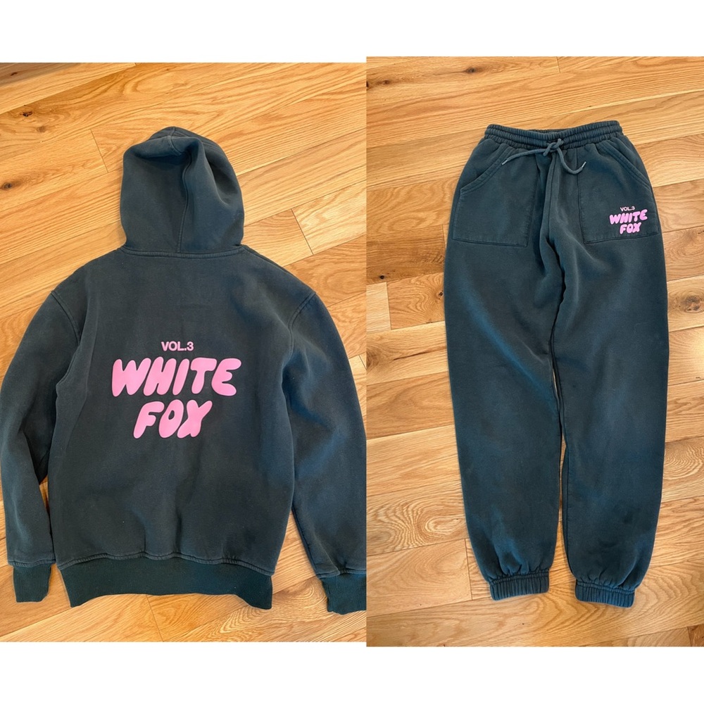 White Fox SET Pine Green Hoodie with Pink Logo & Matching Sweatpants